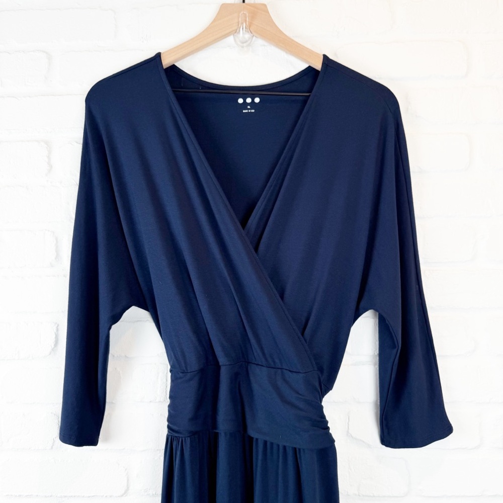 Three Dots Navy Blue Wrap Dress V Neck Waist Tie 3/4 sleeves Made in USA XL